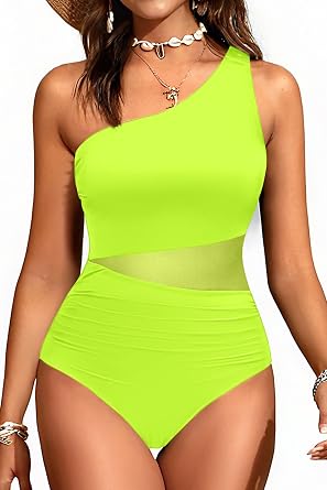 Yonique Women One Piece One Shoulder Swimsuit Mesh Bathing Suit Tummy Control Swimwear