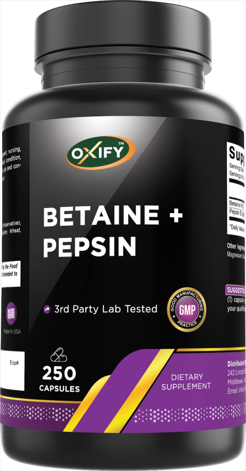 Oxify Betaine + Pepsin | 250 Capsules | Gluten-Free, Non-GMO | Supplement Made in USA