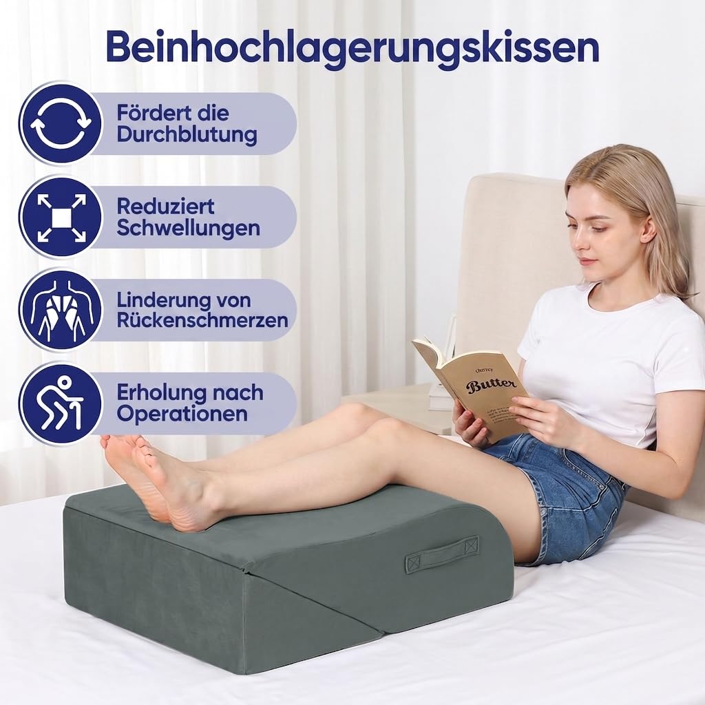 2-in-1 Venenkissen, Ergonomisches Beinkissen zum Hochlagern Grau | Schaumstoff Kniekissen bei Schwellungen Sowie nach Hüft- und Knöchel Operationen – mit Waschbarem Bezug und Tragegriffen