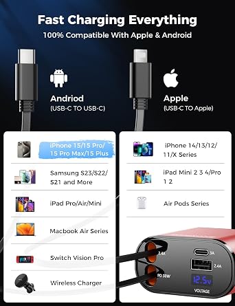 SUPERONE Upgraded Retractable Car Charger 4 in 1, Fast Car Phone Charger with Cord 2.6ft, USB C and Apple Car Charger Adapter, Compatible with iPhone 17/16/15/15 Pro Max/14/13/12/11, Galaxy, Pixel
