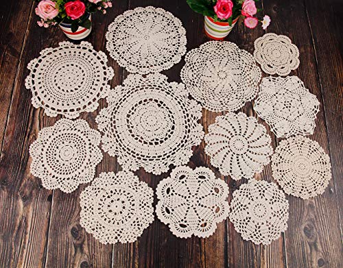 YINGYOU 12Pcs Hand Crochet Doilies Round Beige Vintage Wedding Tea Party 5-12 inches(Beige)