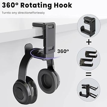 Rotating Headphone Stand with 360 Swivel - Adjustable Clamp-on Under Desk Headset Holder, Universal Gaming & Office Headphone Hanger (Black)