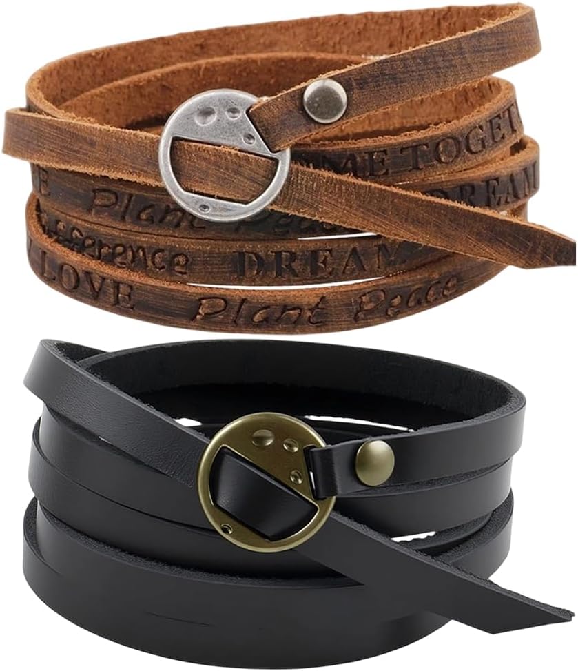 2PCS 2 Colors Cowhide Leather Layered Cuff Bracelets Genuine Leather Wrap Western Stackable Bracelet Adjustable Boho Trendy Wristband Vintage Punk Wristlet Bangle for Men Women Handmade