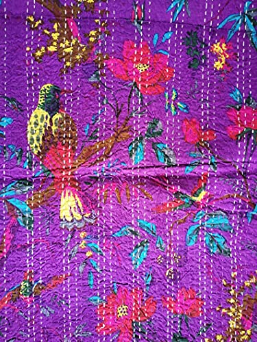 Shakdeco Indian Handmade Print Vintage Kantha Quilt Cotton Bedspread Bohemian Bedding Coverlet Throw Reversible Blanket Both Twin And Queen Sized (Purple, Queen 90X108 Inch) #TOP3
