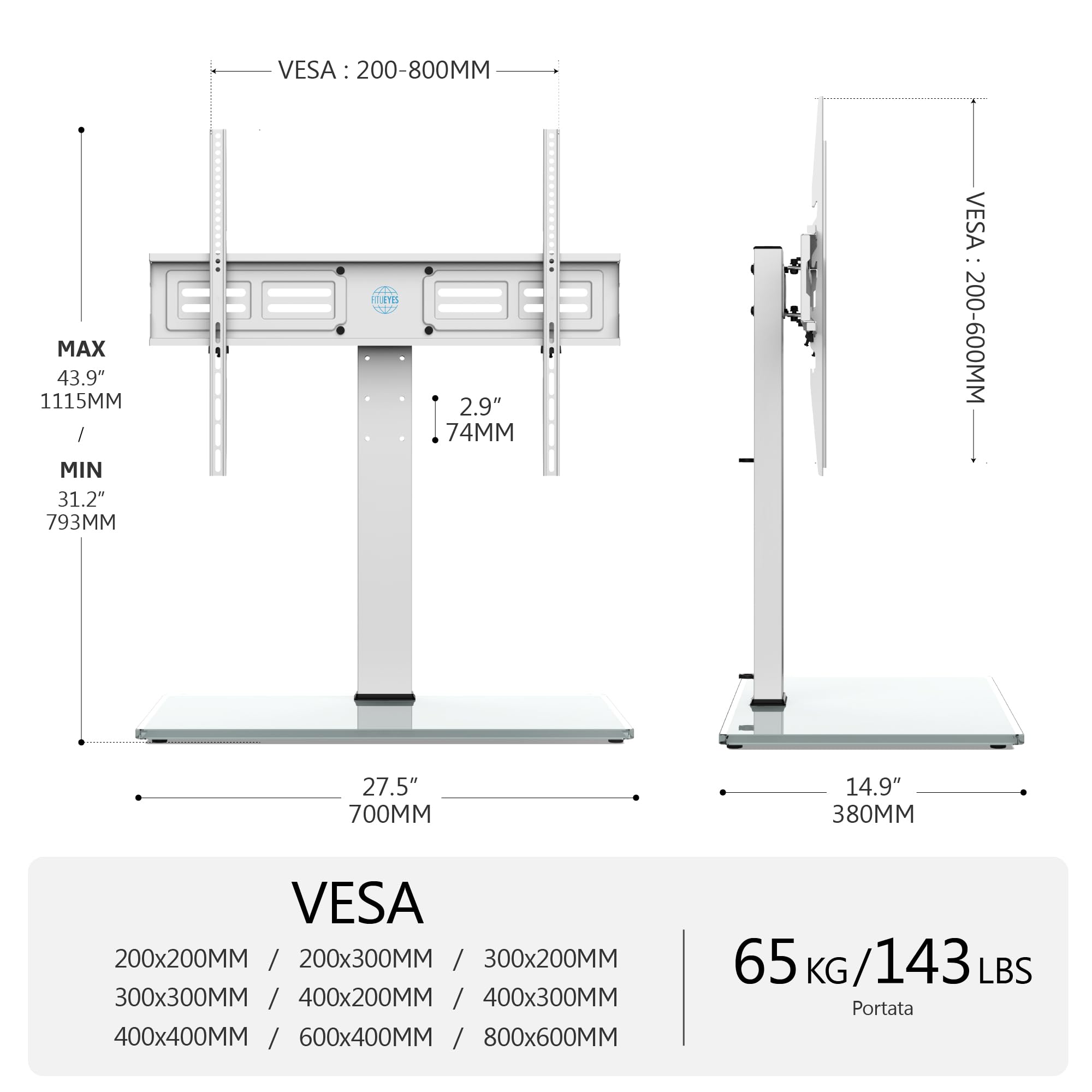 FITUEYES Supporto TV da tavolo da 50-85 pollici, stabile piedistallo per TV con regolazione in altezza, girevole a 80° e base in vetro temperato, supporta 65 kg, VESA max 800 x 600 mm, bianco (Bianco)