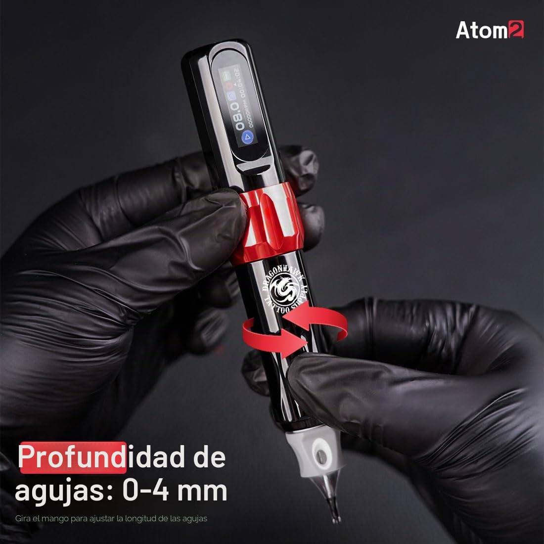 Dragonhawk Atom2 Máquina de Tatuar Rotary Tattoo Microblading Pen 2,8mm Strokes Length 1 Baterías & Conector RCA for Eyebrow Eyeliner Lip (RED 1 BATTERY)