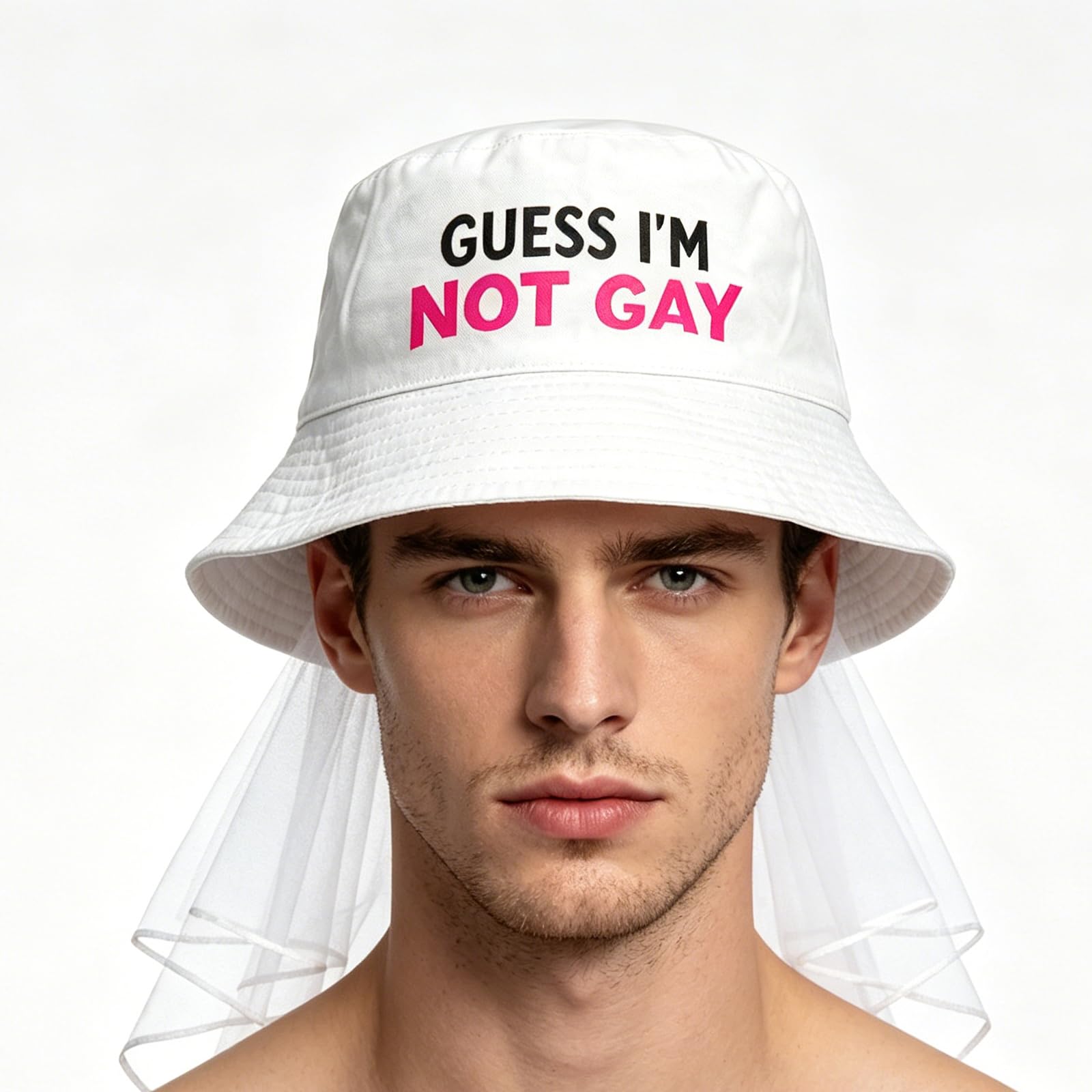 Velorin Stag Do Hat, White NOT GAY Bucket Stag Do Accessories Men with Veil and Pin, Hat for Stag Parties and Weddings