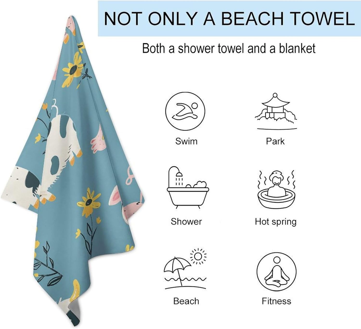 Swimming Towel, Farm Animal Pattern Printed Fashion Towel,Portable Towel,Durable Towel