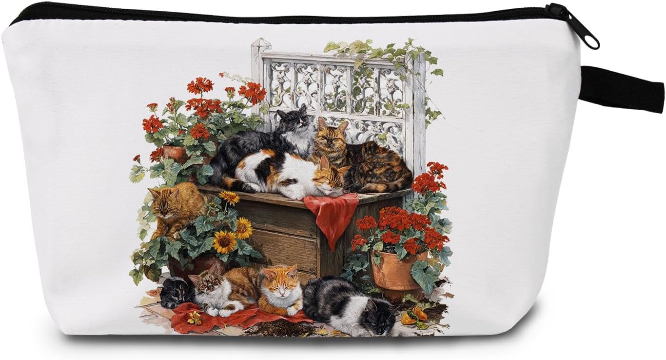 Cute Cats Floral Print Makeup Bag for Women