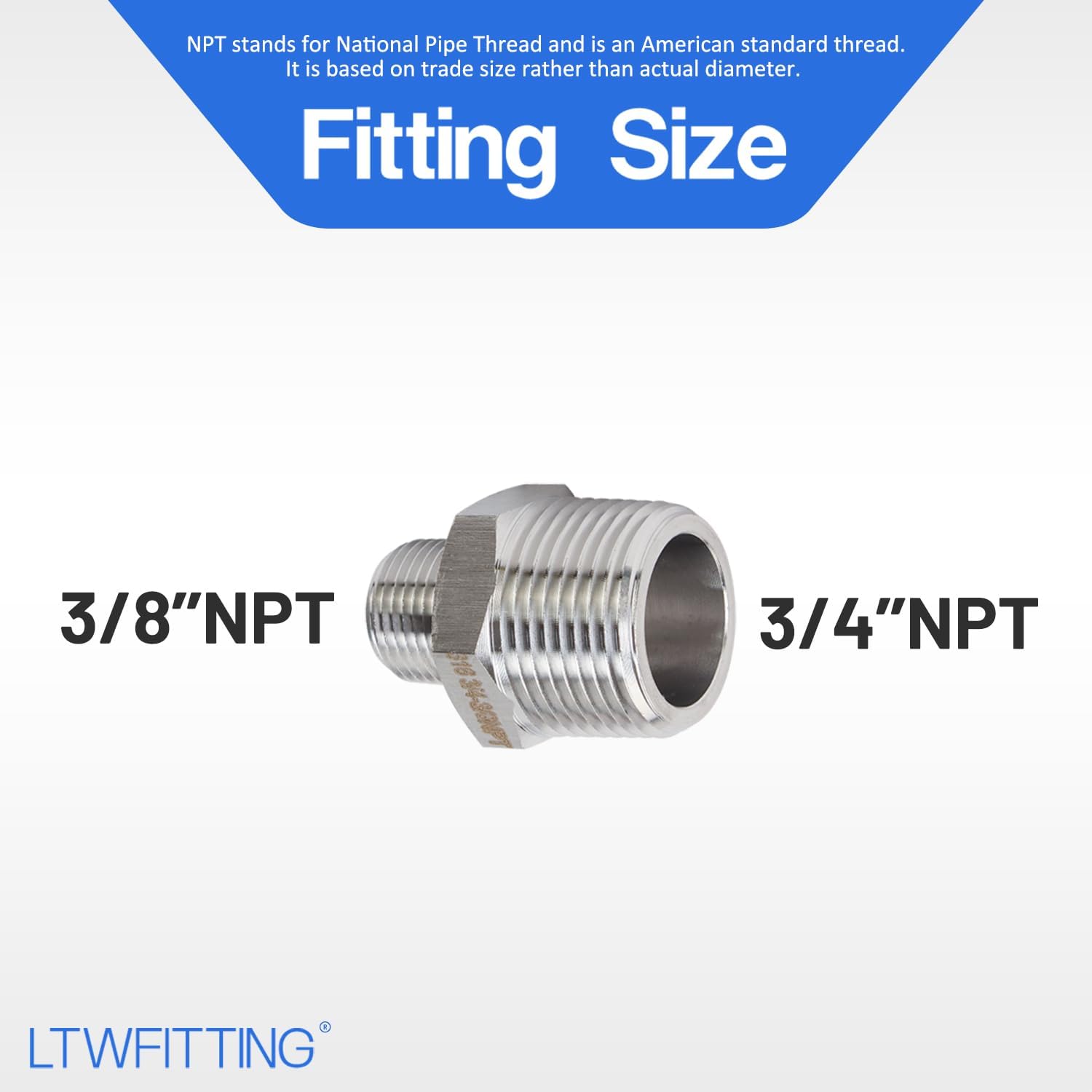 LTWFITTING Bar Production Stainless Steel 316 Pipe Hex Reducing Nipple Fitting 3/4" x 3/8" Male NPT Water Boat (Pack of 5)