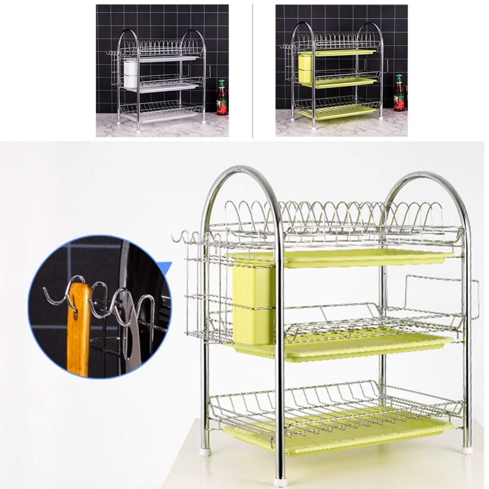 Escurridor de platos de acero inoxidable, organizador de cocina a prueba de óxido con 3 cubos de drenaje para platos, vasos, tazas y cubiertos, estante de secado duradero que ahorra espacio para un