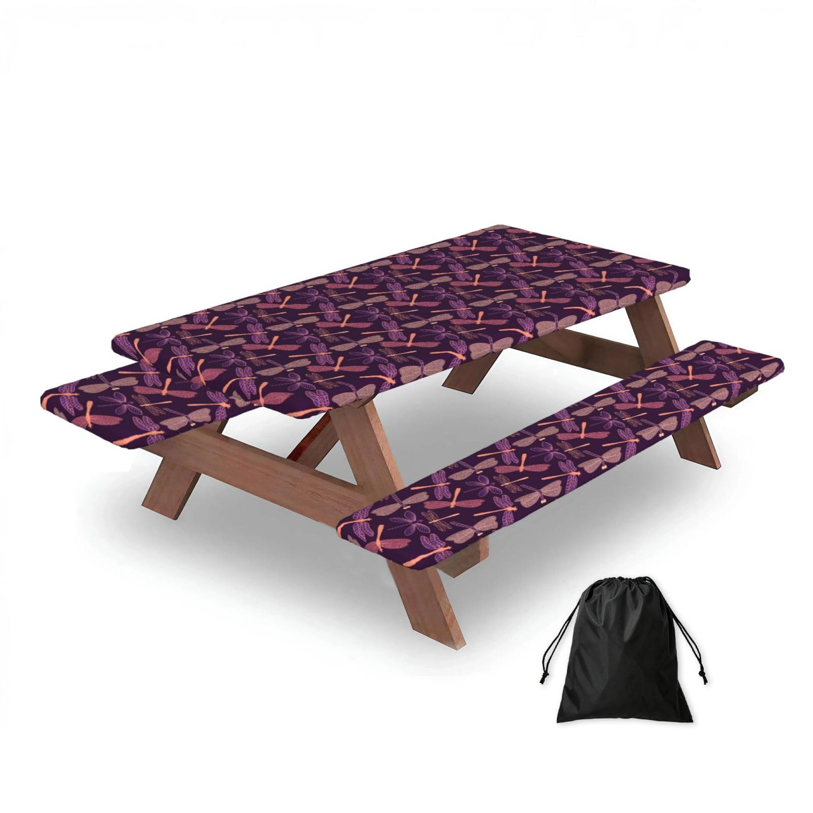 Dopklna As Picture Purple Dragonfly Printing, Picnic Table Cover With Bench Covers -Waterproof Elastic Fitted Tablecloth For Garden Camping Patio 76X152cm