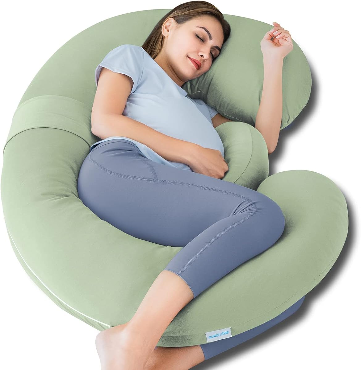 QUEEN ROSE Cooling Pregnancy Pillows - E Shaped Pregnancy Pillows for Sleeping, Detachable Body Pillow for Pregnant Side Sleeper, Cooling Silky Cotton Cover, Sage Green