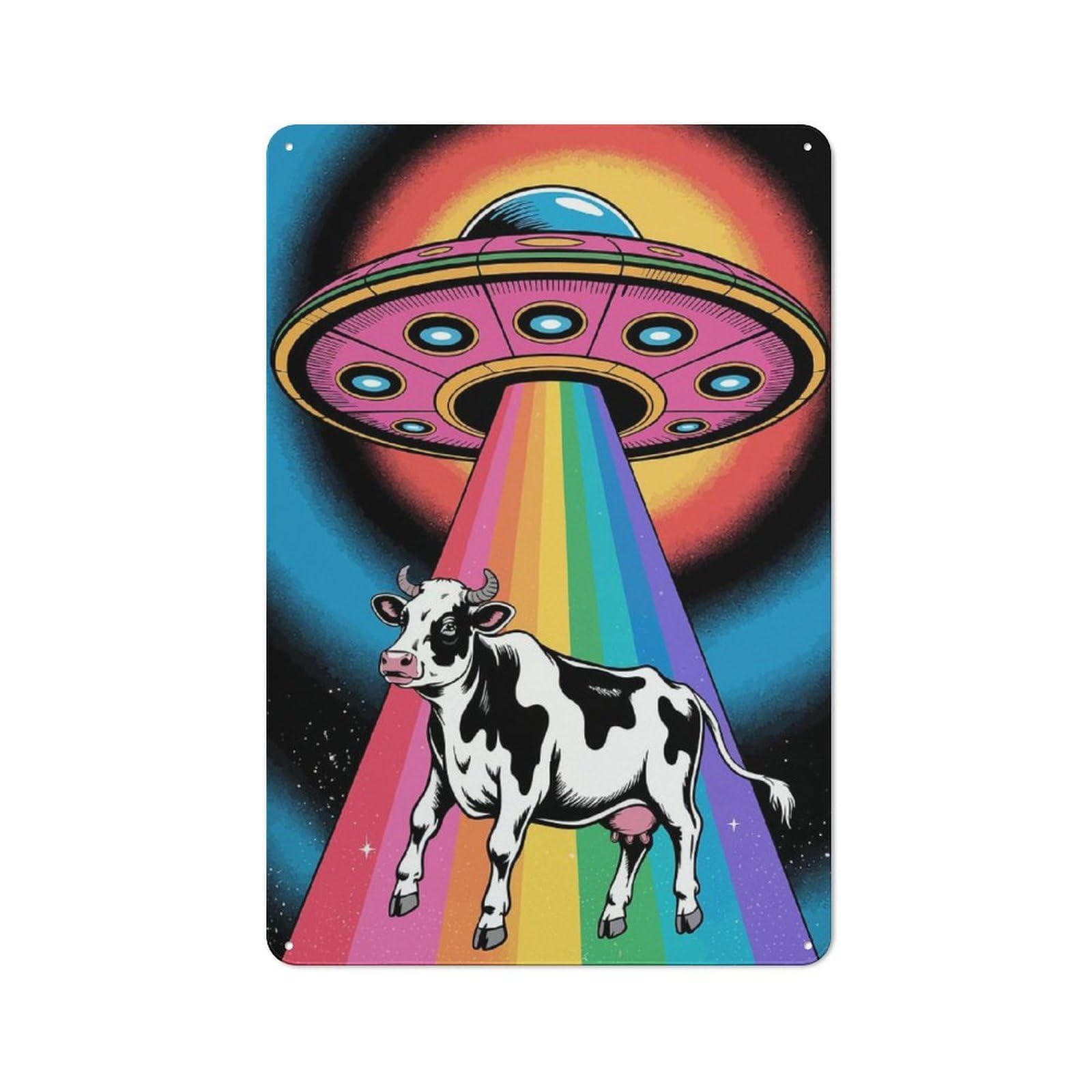 Junmoney Cow Abduction By Ufo With Rainbow Beam For Guest Room Or Hallway, Retro-Style Tin Sign 30X20cm, For Vintage Wall Decor Fans, For Themed Room Decoration