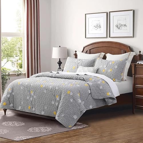 Durlengen Floral Quilt Set Queen Size 3Pcs,Grey Branch With Yellow Turquoise Polka Dot Pattern All Season Lightweight Coverlet Sets(Queen 90X96, Botanical Grey) #TOP1