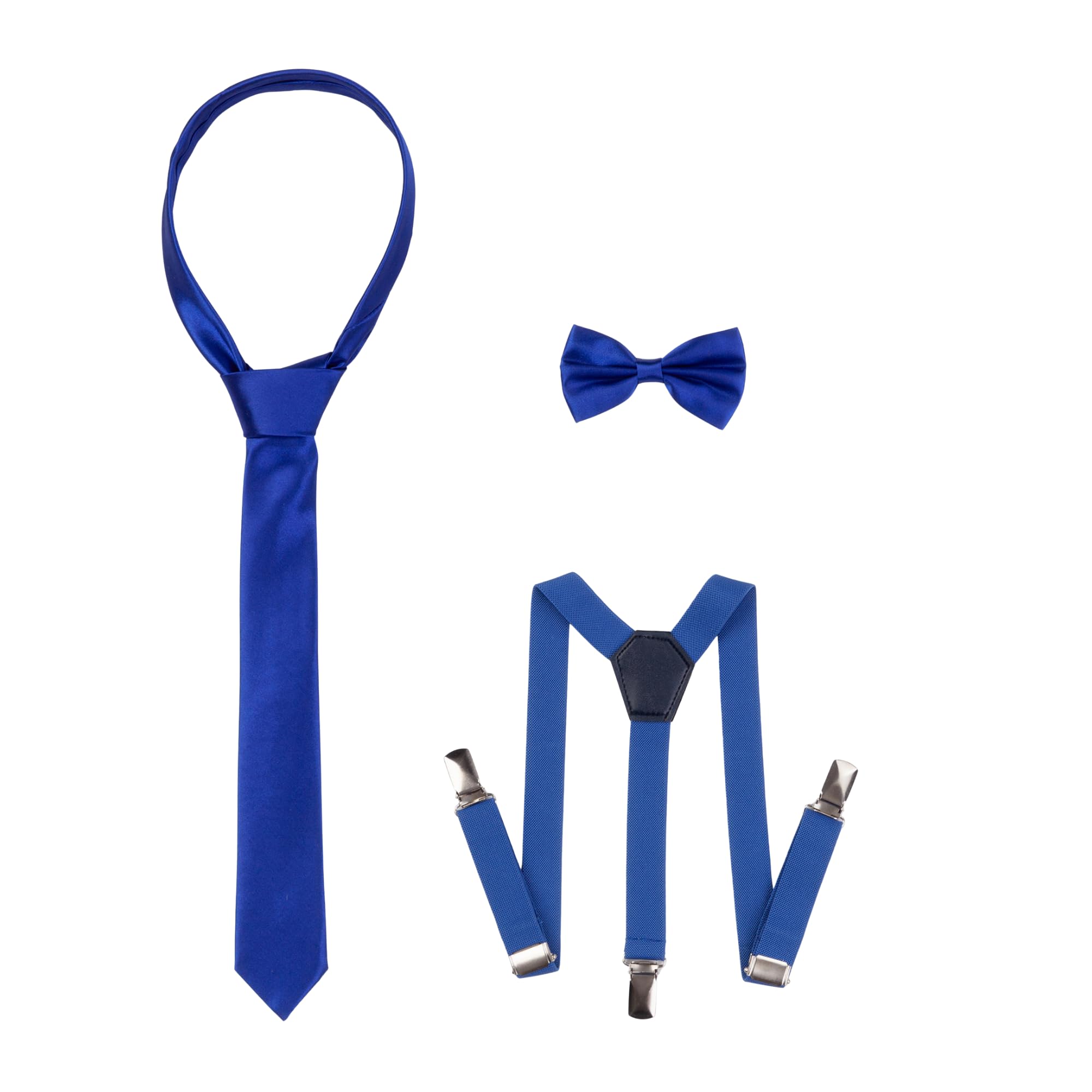 rise&Raba 3-Piece Kids Suspender, Bow Tie & Necktie Set | Adjustable Elastic Clip-On Braces, Bowtie & Tie for | Boys and Girls Ages 1–8 (Sax, 1-8 Year)
