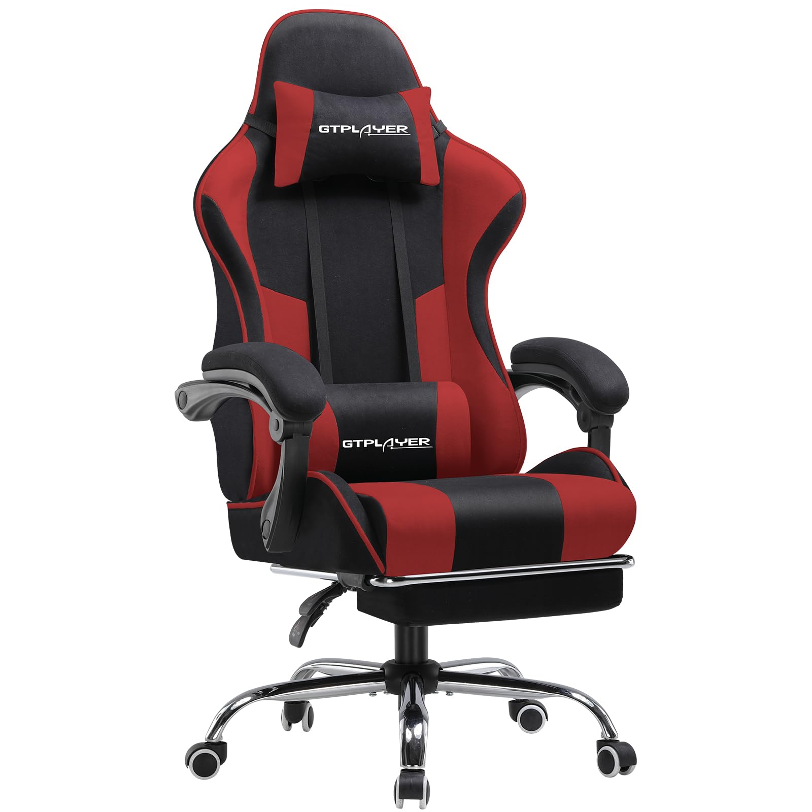 GTPLAYER Fabric Gaming Chair, Massage Ergonomic Computer Chair with Footrest, Lumbar Support, Headrest, Height Adjustable Home Office Reclining PC Racing Chairs Red