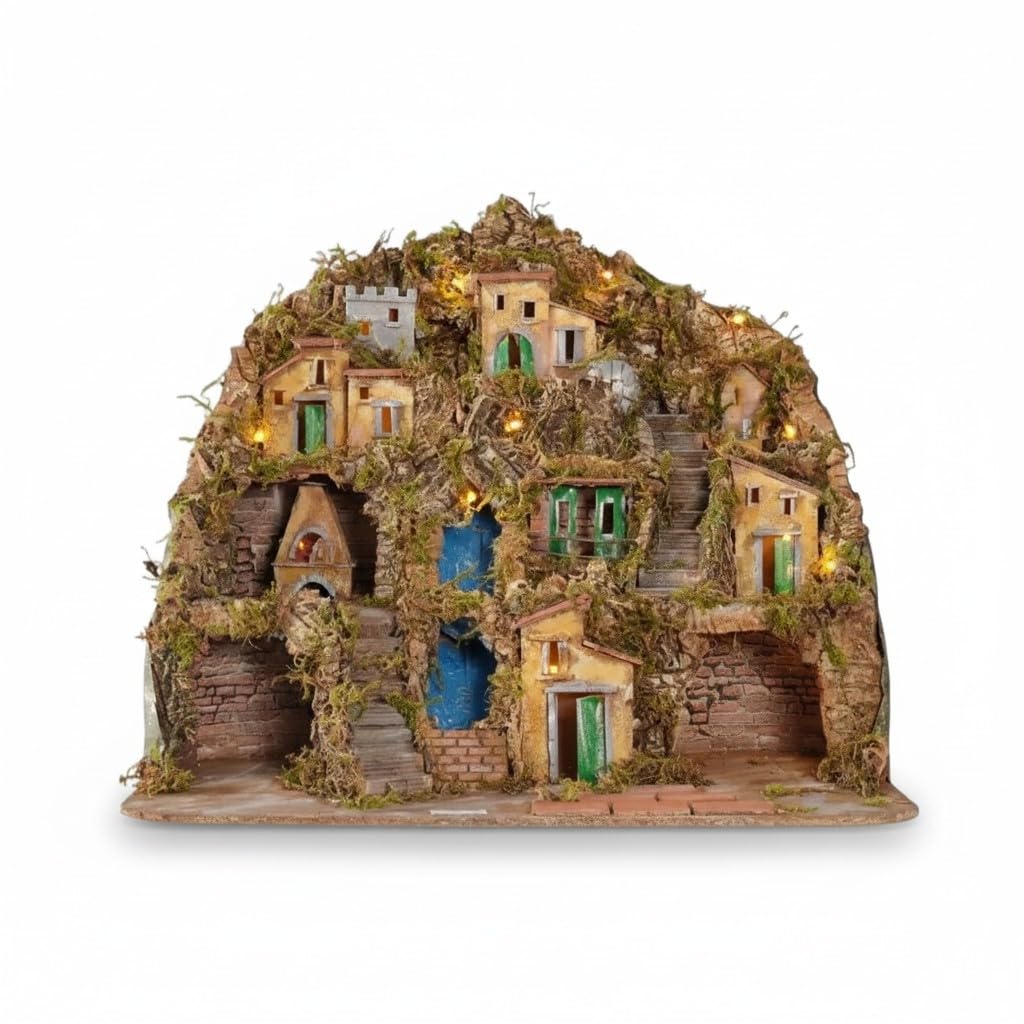 CHIANESE Presepe Napoletano Artigianale con Cascata Luci e Forno 70x60x60 cm Scenario Paesaggistico su Tre Livelli per Pastori 6-7 cm