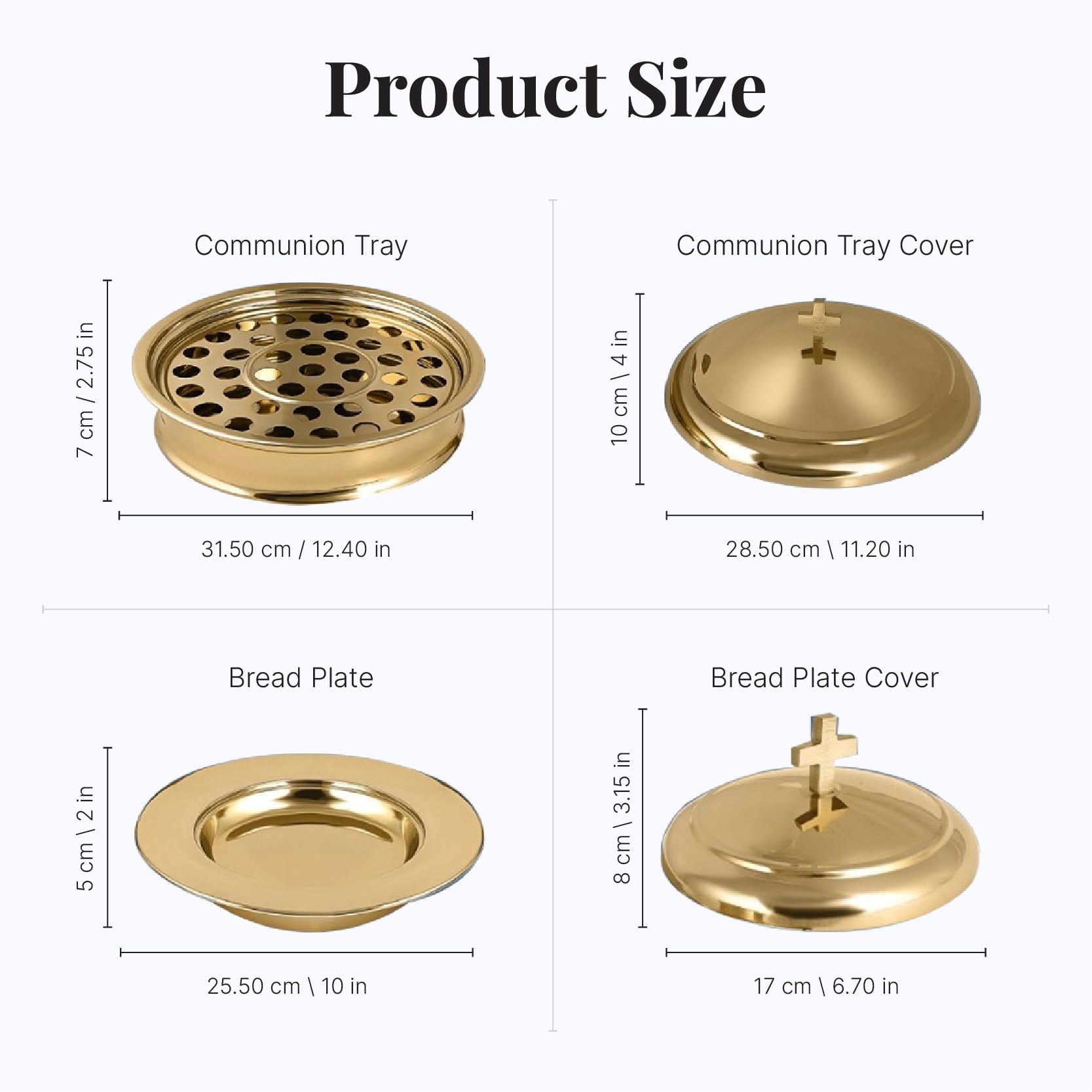 Communion Ware - Bandeja para servir vino sagrado con tapa y plato apilable para pan con tapa, acero inoxidable (latón/dorado brillante)