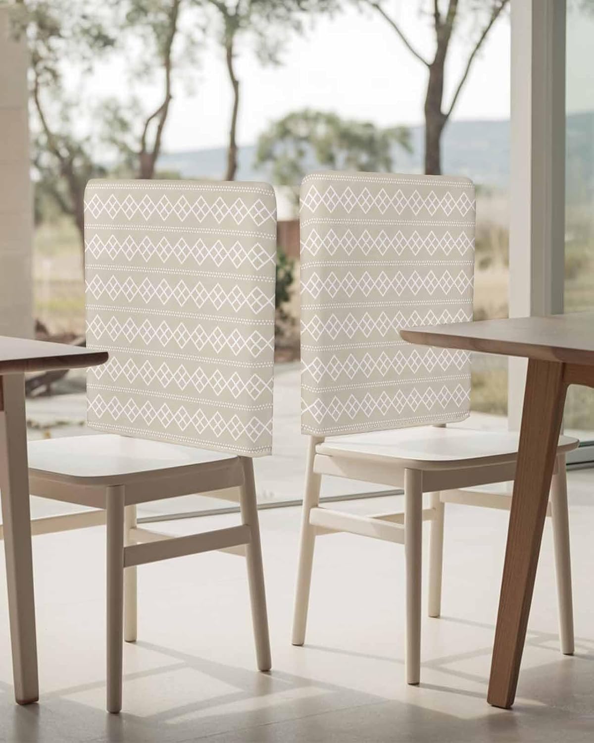 DecorLovee Beige Geometric Chair Back Cover, Dining Chair Protector Covers, Modern Abstract Art Plaid Aesthetics Chair Covers Removable Chair Slipcovers for Weeding Banquet Party 19"x20", 4 Pack