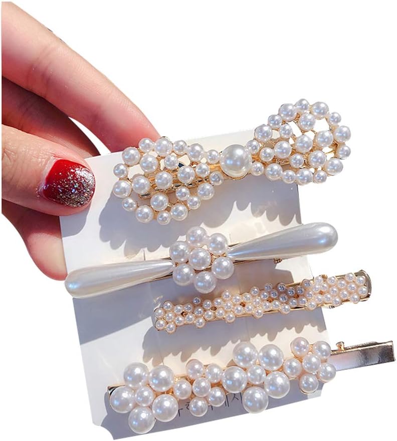 SloveM Pearl Hair Clip for Women Hair Pins Girls Hair Decorative Gold Pearl Alligator Clips Fashion Styles (Flower bow bangs pearl hairpin 4 pieces)