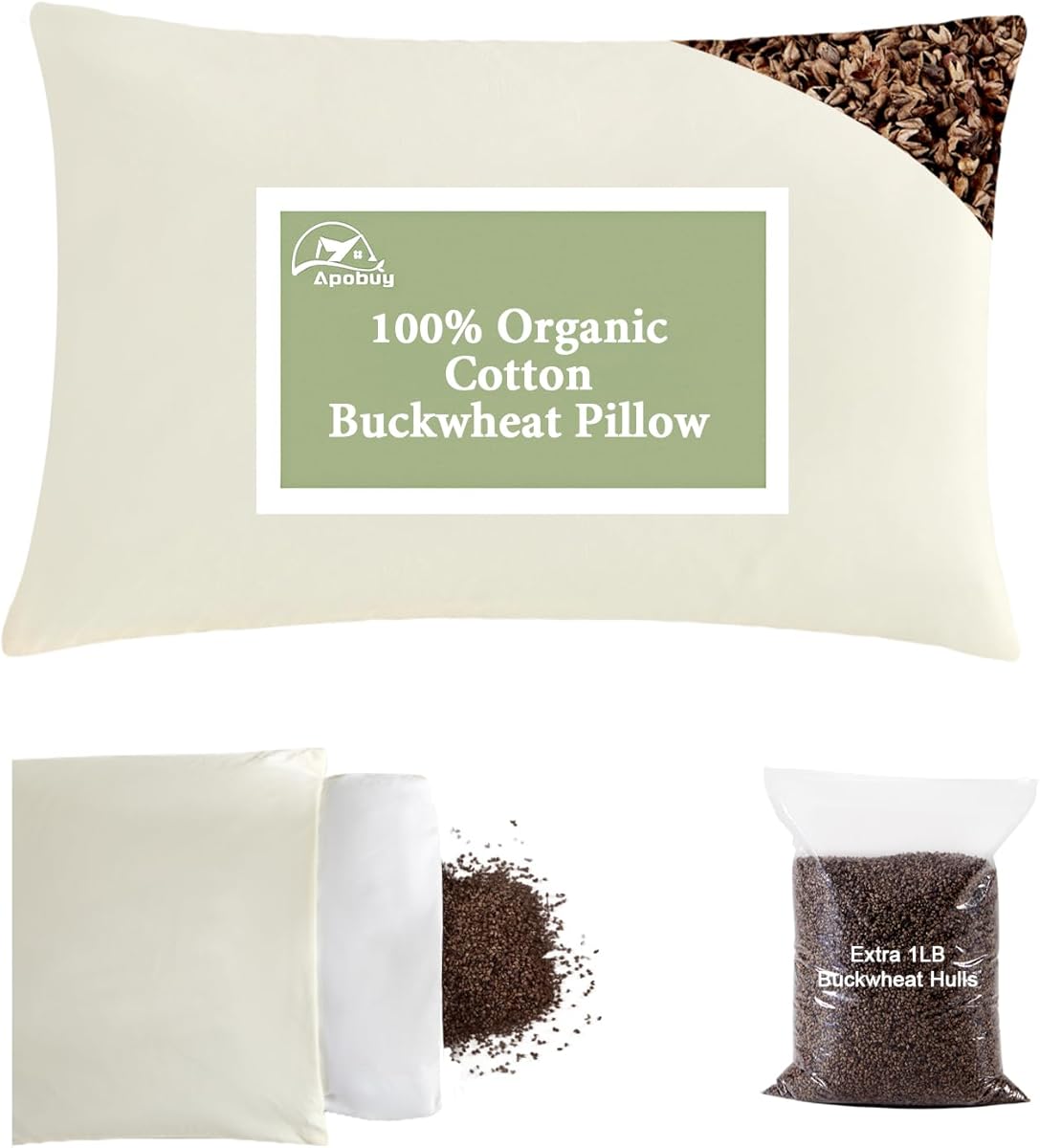 20x26 Large Organic Buckwheat Pillow with Dual-Layer Pillowcase and Extra Tartary Buckwheat Hulls, Adjust Height and Firmness, Neck Support Pillow for Back and Side Sleepers