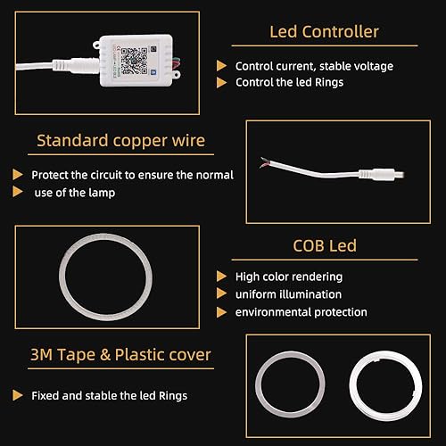 Miniatura 6 de 100MM Multicolor RGB LED Halo Anillos Luz COB 102SMD Teléfono Inteligente iOS Android App Control Bluetooth Coche Ángel Ojos Círculo Anillo Faro