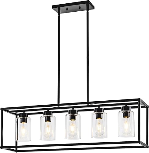 5 Light Dining Room Light Fixture Matte Black Farmhouse Chandelier Over Table Rectangular Kitchen Pendant Lighting Rectangle Modern Industrial Living Room Hanging Lights Adjustable Height