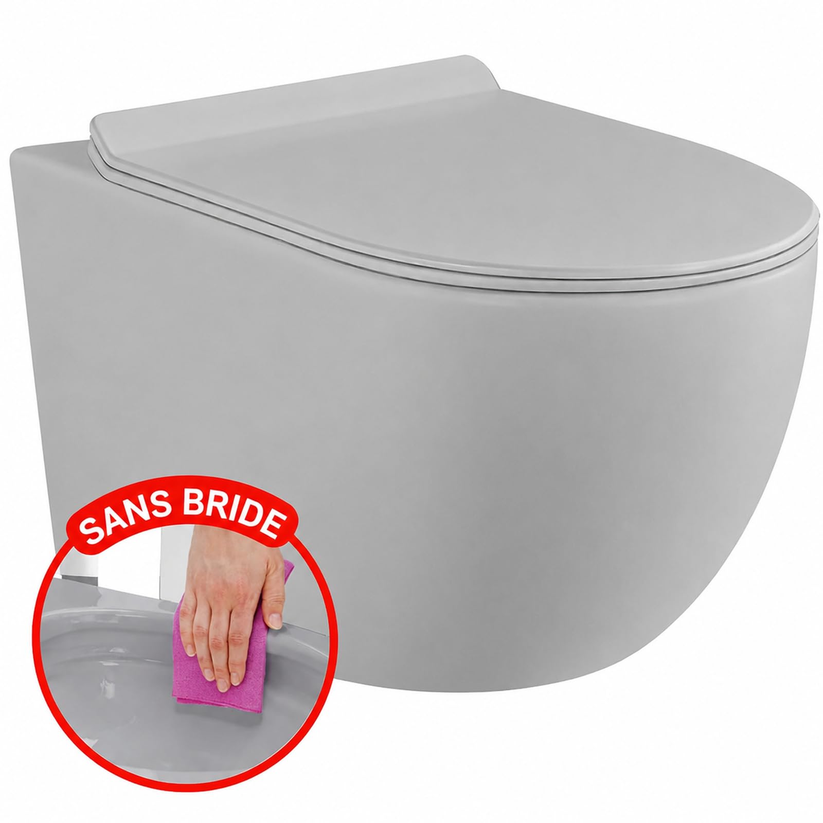 Inodoro suspendido - Cerámica - Sin bridas -Gris mate - Soft-close - Tapa extra fina - Diseño elegante y moderno