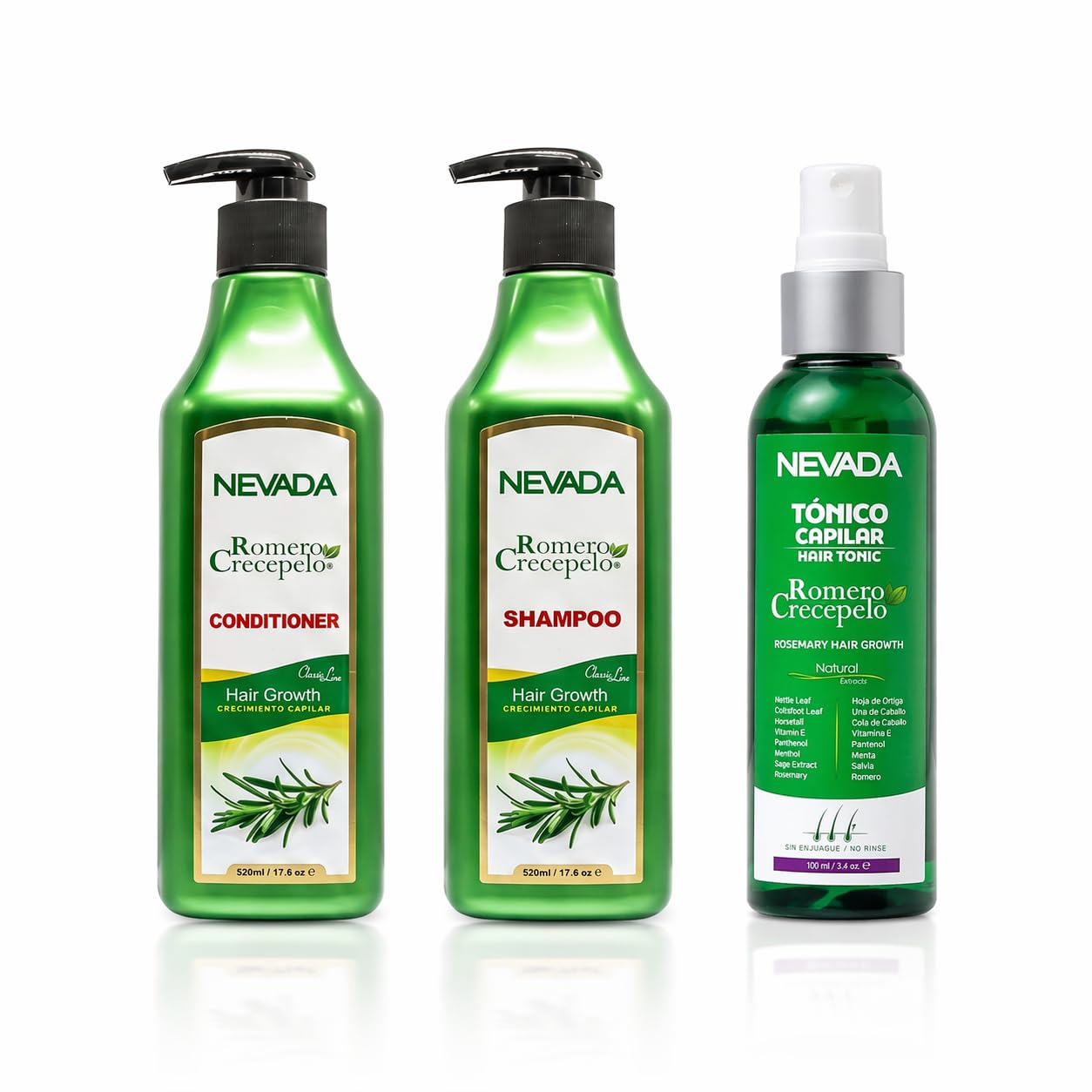 Nevada Romero Crecepelo Hair Care System, Rosemary Extract Hair Growth Routine for Strength, Hydration and Scalp Care for All Hair Types (3-Step Hair Care System (Shampoo + Conditioner + Treatment))
