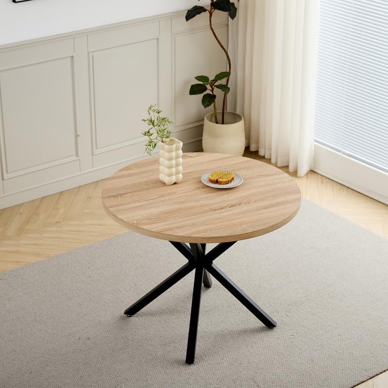 Ensemble Table de Salle à Manger Ronde et 4 Chaises, Table en MDF avec Décor Bois Clair et Pieds en Métal, Chaises Rembourrées en Lin pour Cuisine, Salle à Manger (Fini Bois Clair+Beige)