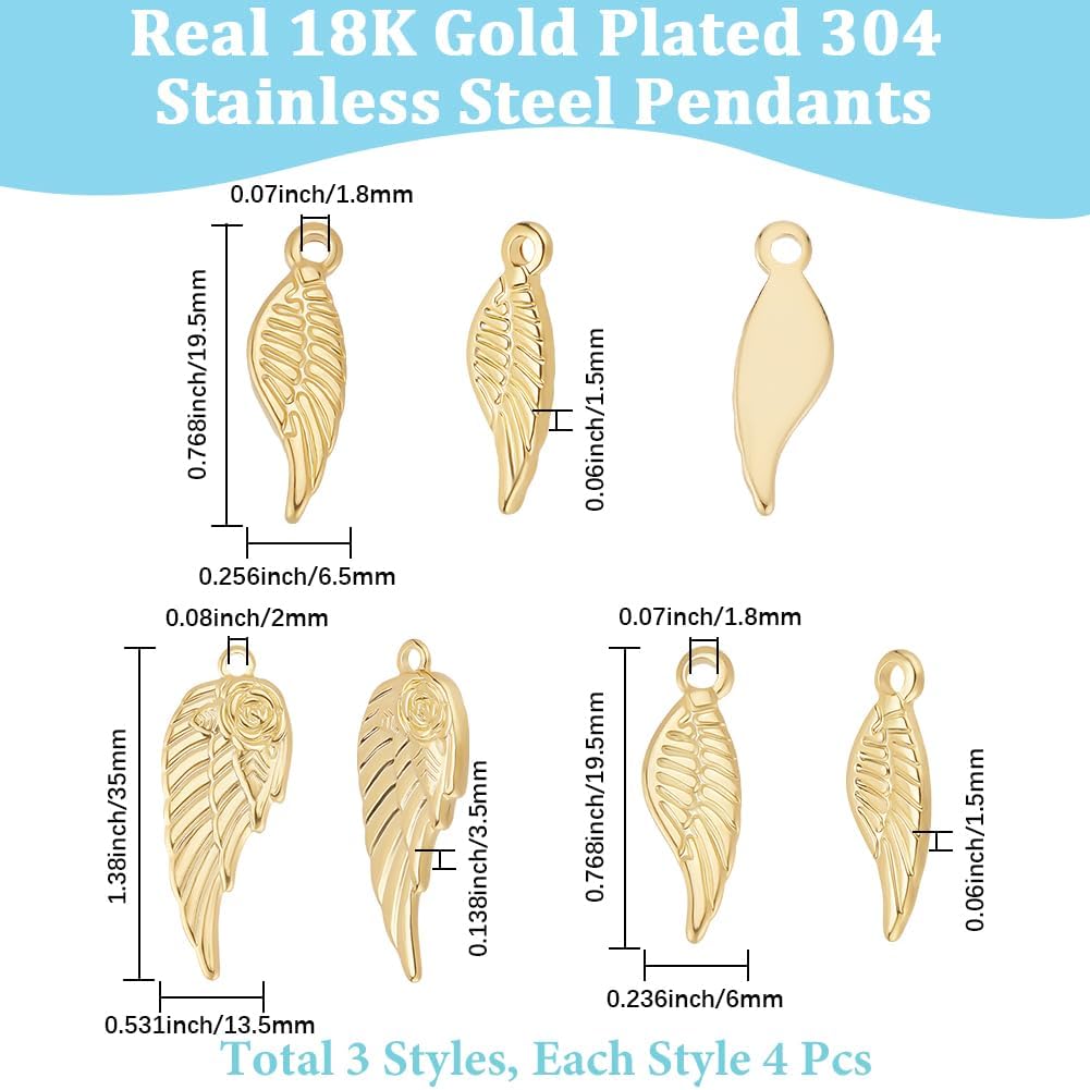 Beebeecraft 1 Box 12Pcs Angel Wings Charms 18K Gold Plated 304 Stainless Steel 3 Styles Pendants Dangle Charms for DIY Jewellery Making Crafts - Image 2