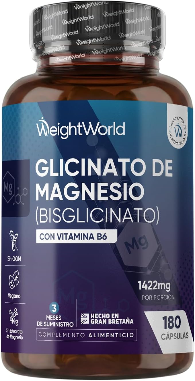 Glicinato de Magnesio 1422mg con Vitamina B6-180 Cápsulas Veganas