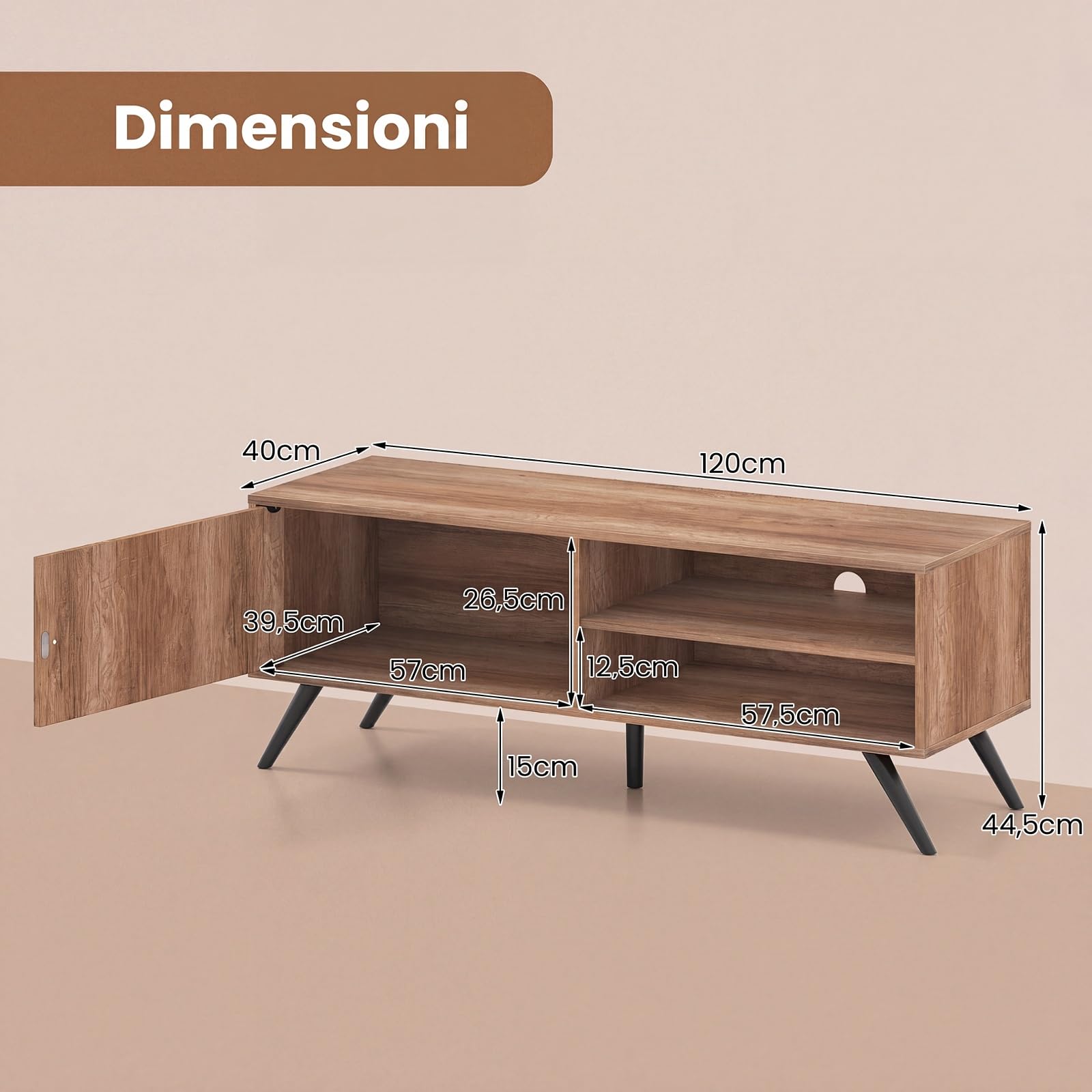 COSTWAY Mobile Porta TV in Legno, Fino a 55 Pollici, Mobile TV Soggiorno | Stand Videogiochi e DVD con 1 Anta, 2 Scomparti e Passacavi, per Camera da Letto, Soggiorno, 120 x 40 x 44,5 cm
