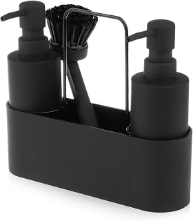 4 in1 Spüli und Seifenspender Küche Set: 300ML ABS Material Kitchen Soap Dispenser, Sponge Holder Detergent Dispenser mit Geschirrspülbürste, für Küchenaufbewahrung (Schwarz)