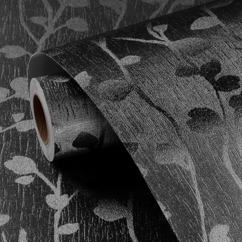 FunStick Papel Pintado Adhesivo Negro Ramas y Hojas Vinilo Adhesivo Dormitorio Salon Armario Textura Rama y Hoja Lavable Papel Adhesivo para Mueble Negro Hojas Vinilo Adhesivo para Baño Pared 40CMx2M