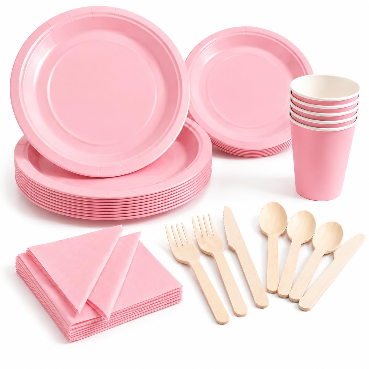 POSHTRENDS 140 PCS Pink Party Tableware Set for 20 Guests – Disposable Plates Cups and Napkins with Wooden Cutlery, Pink Birthday Party Supplies for Girls Baby Shower Wedding