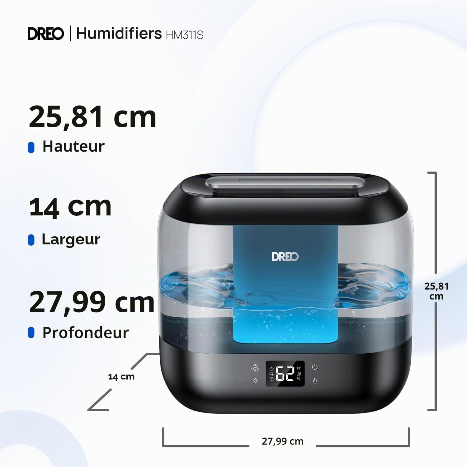 Dreo Smart Humidificateur pour chambre à coucher, Top Fill 4L Humidificateur de brume fraîche surdimensionné avec diffuseur d'huile et veilleuse, 32H d'autonomie, Silencieux pour la maison, le bureau