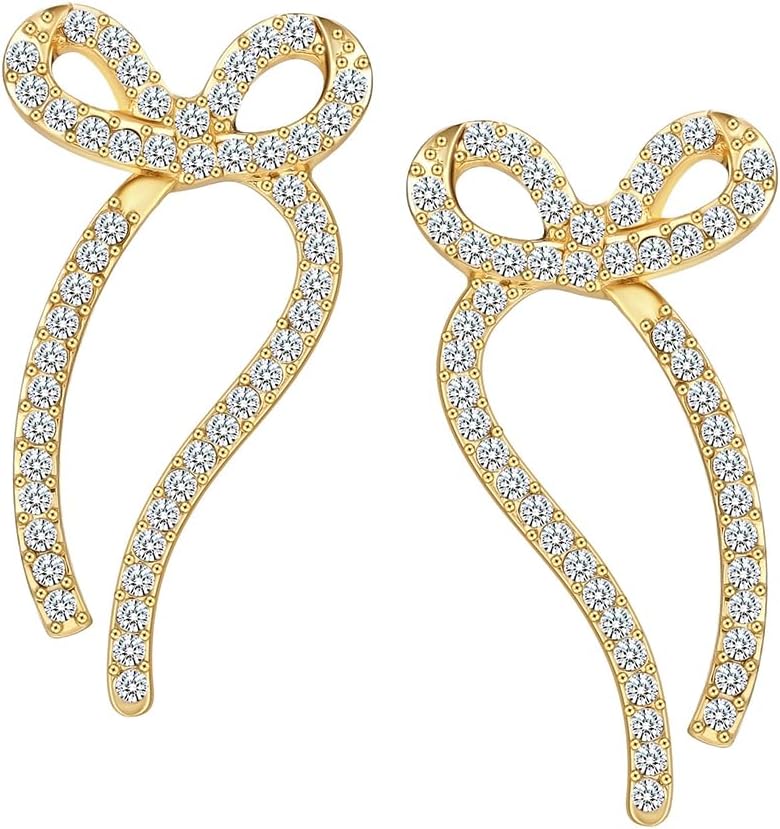 PiercingJ Gold Bow Earrings for Women, 14K Gold Plated Bow Stud Rhinestone Hanging Dangle Drop Trendy Cute Statement Earring Jewelry Gifts for Christmas Prom