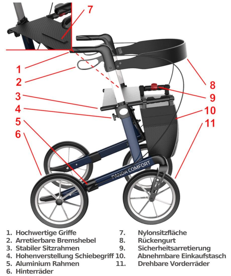 FabaCare Outdoor-Rollator mit Vollausstattung und Feststellbremse, Leichtgewichtrollator Panda Comfort mit Softrädern, Indoor-Rollator, faltbar, abnehmbare Tasche, Rückengurt, Stockhalter, Farbe blau