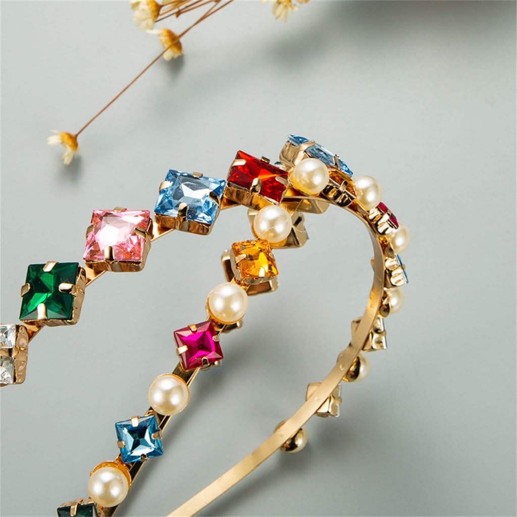 FMURY - Fascia per capelli multistrato in metallo, da donna, con perle e strass, super flash