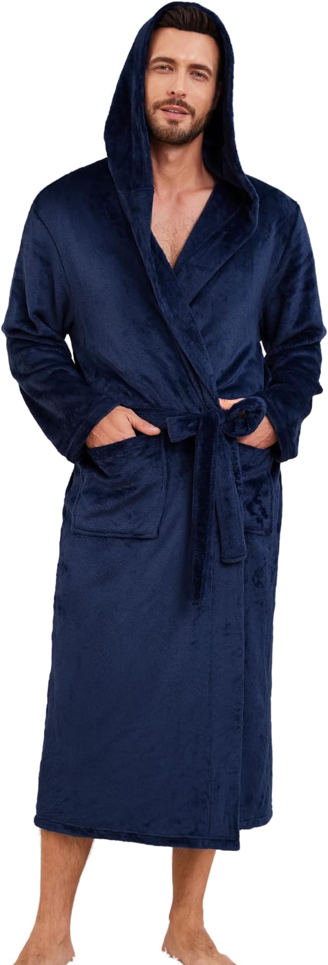 Mens Hooded Fleece Robe, Lightweight Soft Warm Fleece Bathrobe Shower Spa Long Robe With Pockets