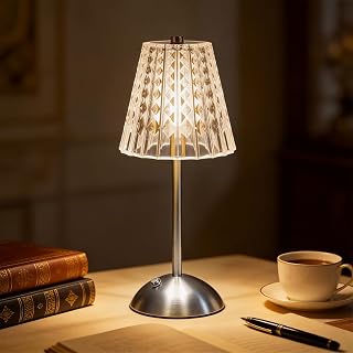 LED Tischlampe Kabellos Vintage, 3 Farben LED Dimmbare Kristall Tischleuchte, 800mah Vintage Schreibtischlampe, Aufladbar Nachttischlampe für Wohnzimmer Schlafzimmer Gaststätte Bar (Silber)