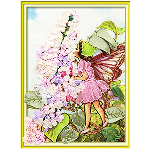 Egoshop Ribbon Embroidery Kit Flower Fairy DIY Wall Decor Stamp Ribbon Embroidery Kit No Frame Fairy