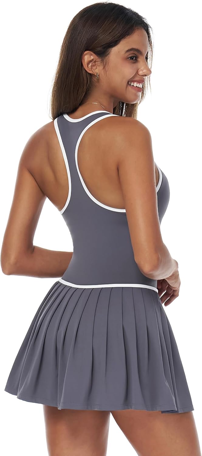 Womens Tennis Golf Dress with Built-in Bra Shorts Racerback Color Block Pleated Hem Athletic Dresses with Pockets
