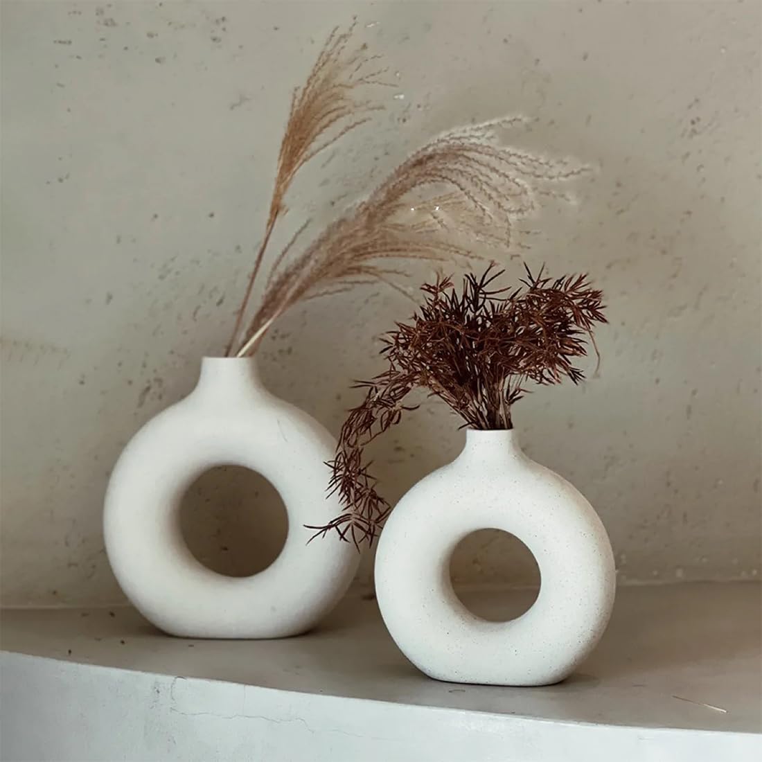 Set Di 2 Vasi In Ceramica Bianca A Coste - Stile Boho Moderno - 17,8 Cm Per Fiori Freschi E Secchi