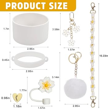 Stanley Cup Accessories Set, 7PCS Stanley Cup Decor Includes Stanley Straw Cover, Water Bottle Handle Strap, Silicone Stanley Cup Boot, Stanley Charms for Stanley Cup 40oz & 30 oz Tumbler (White)
