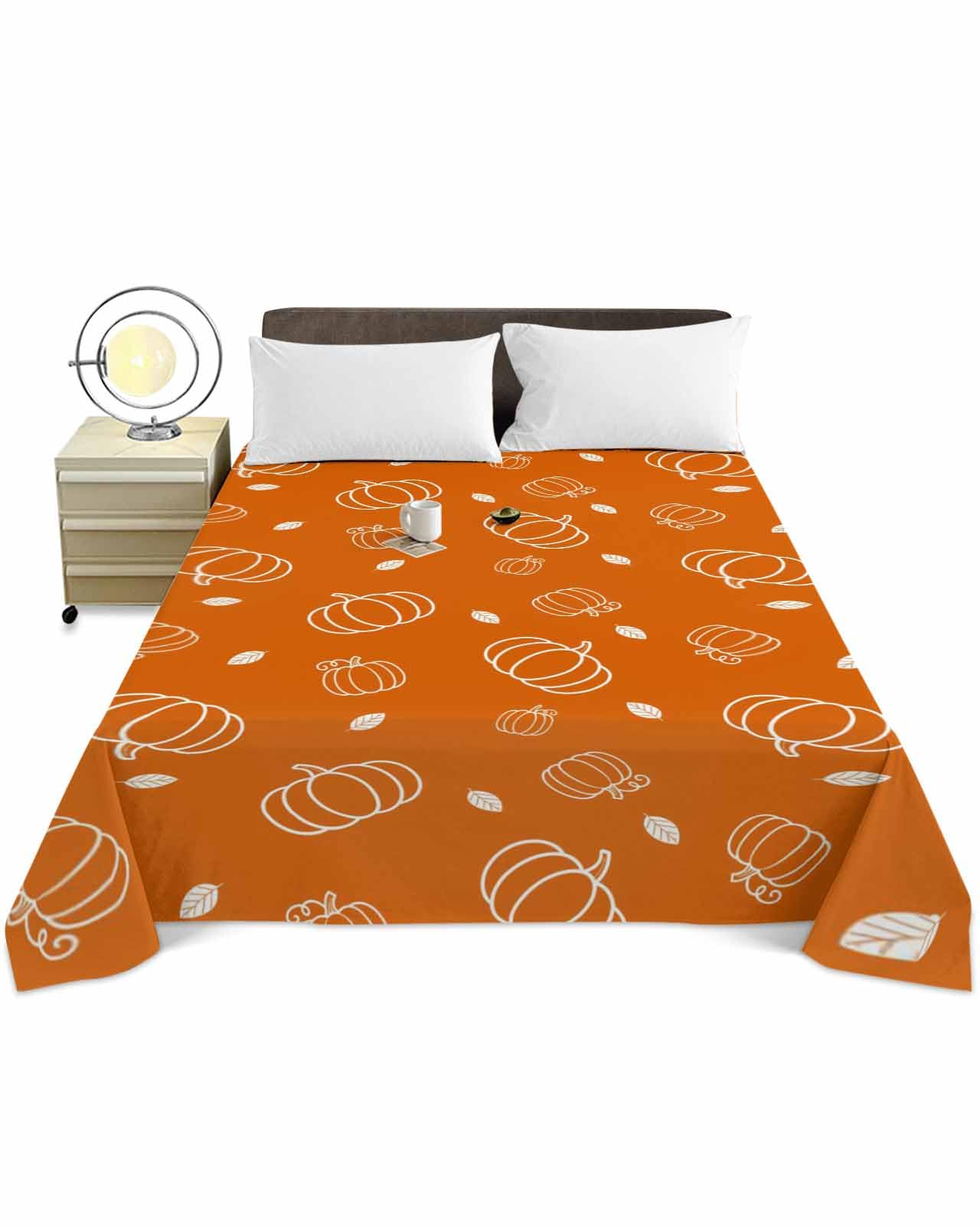 Queen Size Top Sheet Only, Thanksgiving Abstract Pumpkin Flat Sheet Microfiber Breathable Soft Bed Sheets, Autumn Fall Leaf on Orange Hotel Bedding Flat Sheets for Bedroom