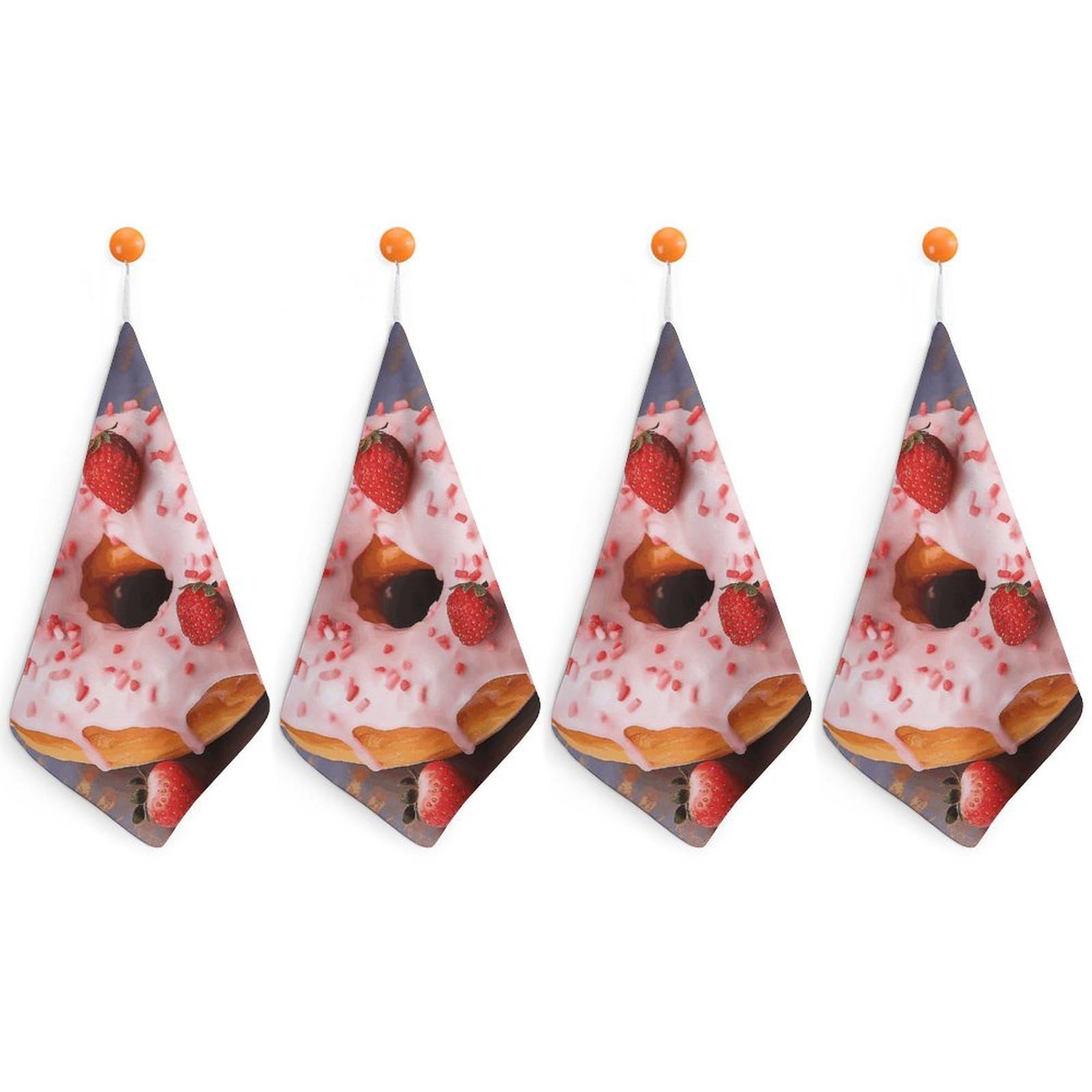 QMNLKH Strawberry Donut Hand Towels for Kitchen, Quick Dry Hanging Hand Towels with Loops, Absorbent Hand Towel for Bathroom, Square Soft Microfiber Towels for Gym, 11.8inch 4PCS