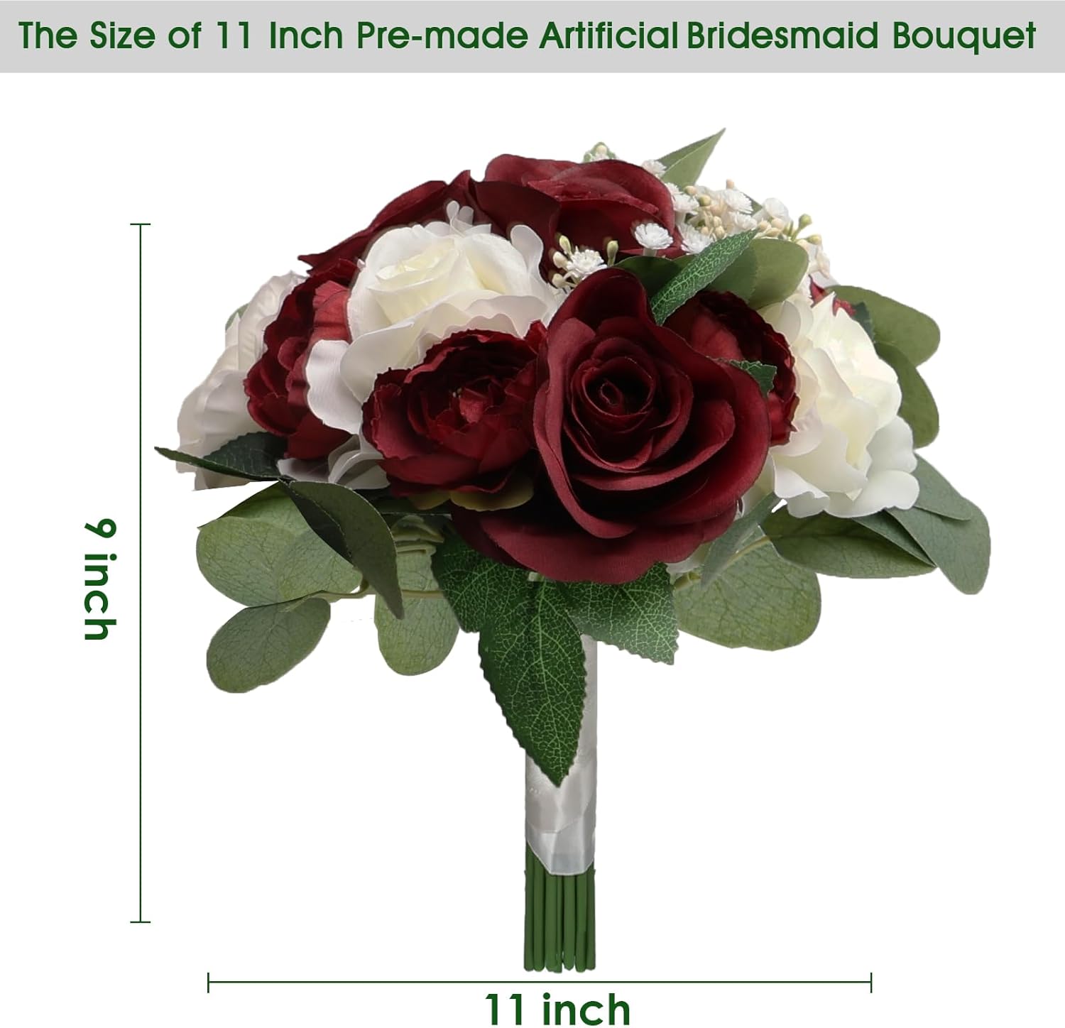 Set of 4 Bridesmaid Bouquets, 11 Inch Wedding Bouquets for Bridesmaids Artificial Flower Bouquets for Wedding Ceremony Bridal Shower Decorations - Burgundy & White - Image 2
